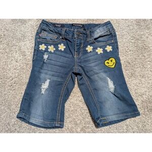 Vigoss Kids Girls Denim Shorts Size 8 Daisy Smiley Face Patch Distressed